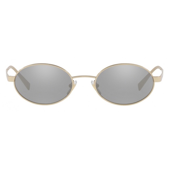 Beautiful  Versace Sunglasses feature mirrored silver lenses and gold rim.